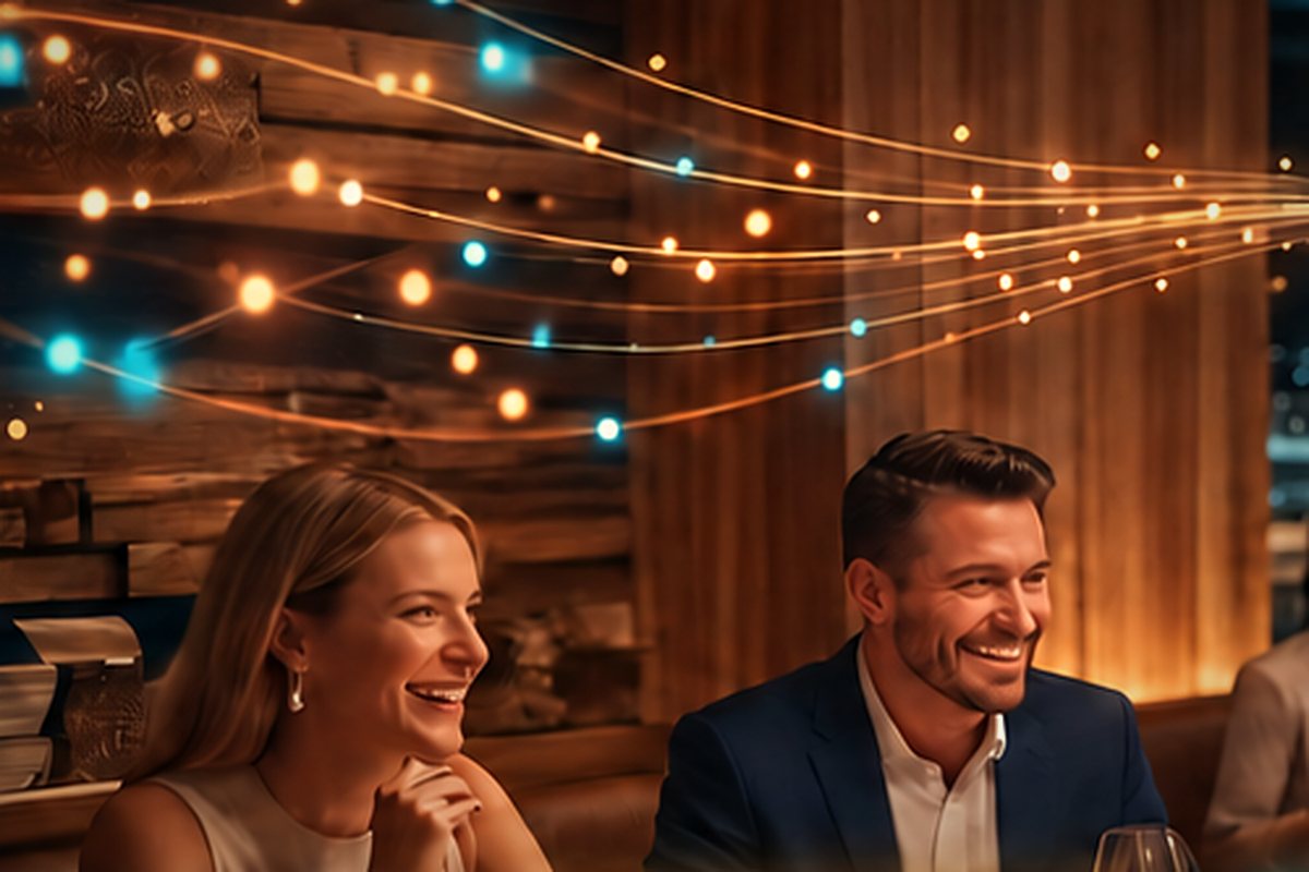 Comandes amb IA — two guests at a table, smiling